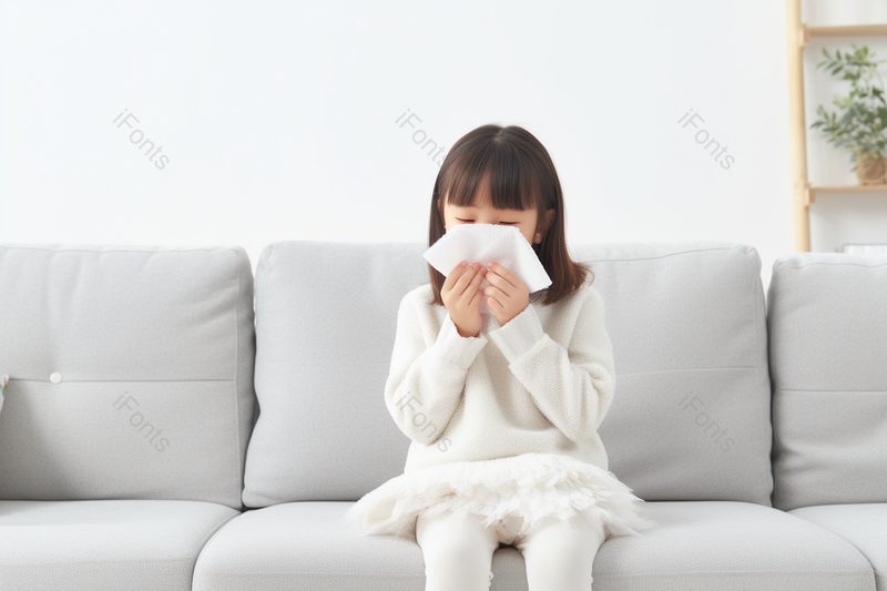 一个坐在沙发上面的小女孩正在拿纸巾擦嘴巴,高清,摄影图,摄影图片,图片大全,摄影图免费下载